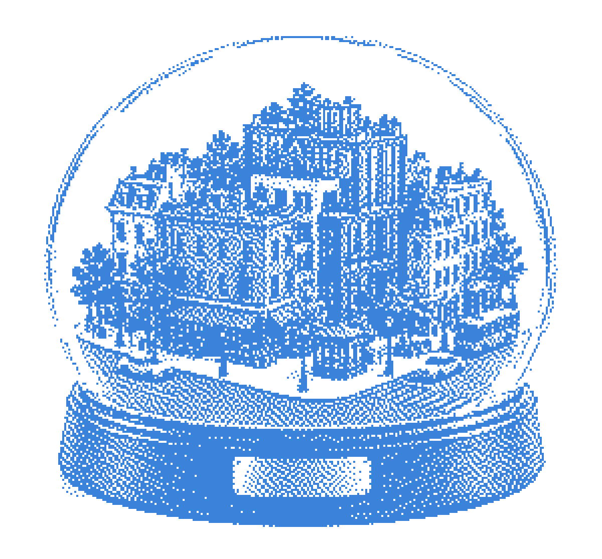 A snow globe holding a miniature city block, drawn in blue dots
